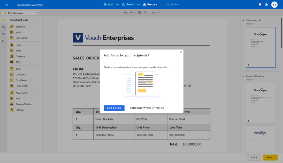 docusign sending warning